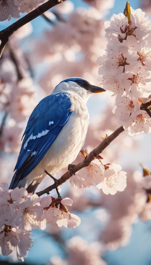 Seekor burung biru dan putih yang megah bertengger di atas pohon sakura saat matahari terbit.