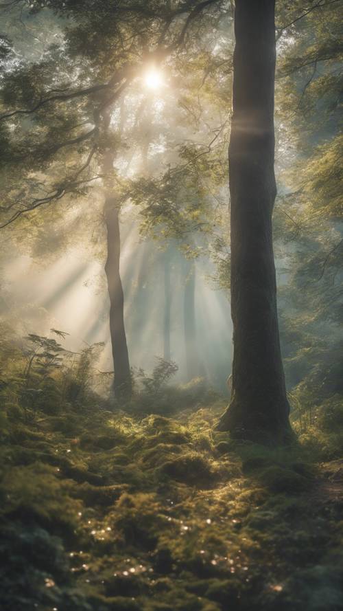 Un doux rayon perçant à travers la brume éthérée descendant sur une forêt enchanteresse.
