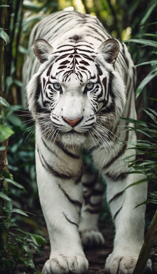 A white tiger with menacing black stripes, prowling through dense tropical foliage.