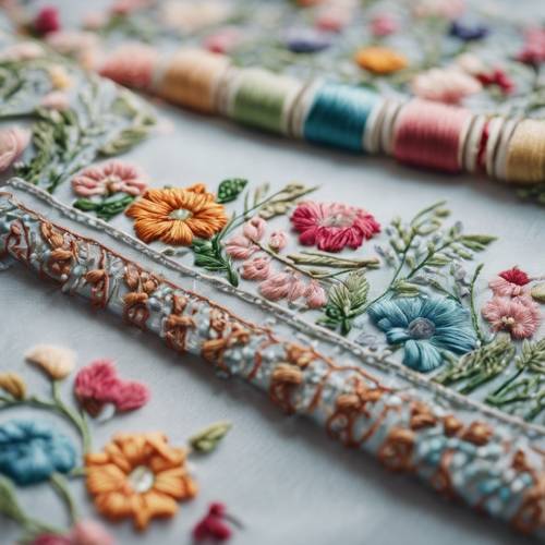 Vue rapprochée de la conception complexe d&#39;une broderie inspirée du printemps avec des motifs minimalistes.