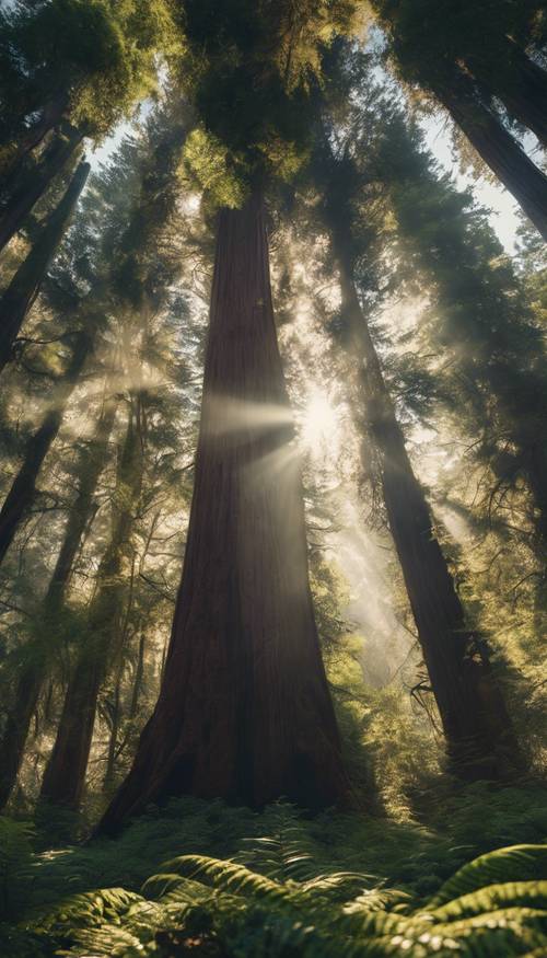 A sunbeam breaking through the thick foliage of a towering redwood tree, casting dappled light onto the lush forest floor below. Tapeta [c2912d4696164212a24e]