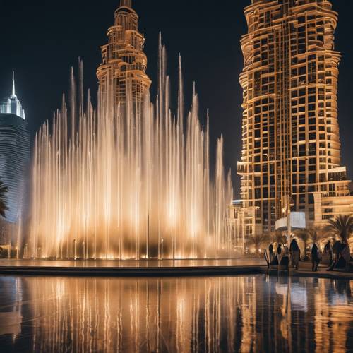 A vibrant display of dancing fountains at the base of Burj Khalifa in the evening. Tapeta [fd6d71e5f53a4bd99565]