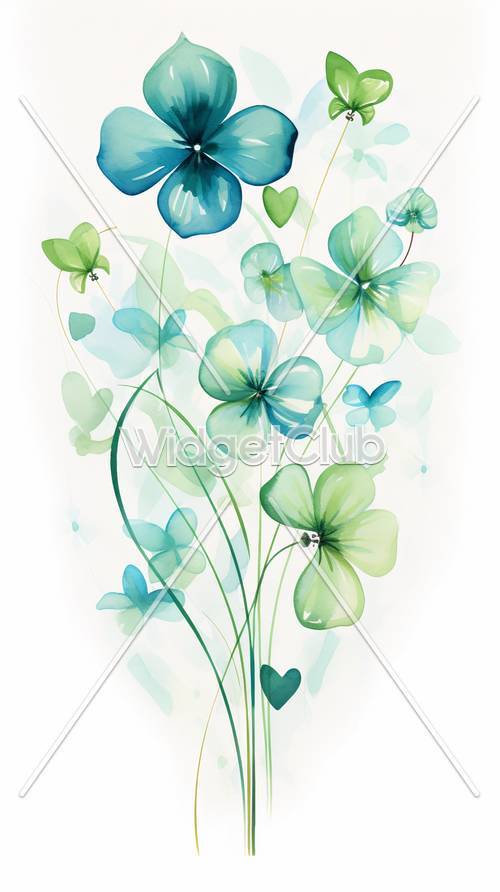 녹색과 파란색 수채화 꽃