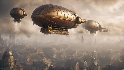 Steampunk zeppelins quietly floating across a misty city skyline in a dream.