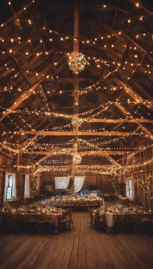 A rustic barn decorated with festive, multicolored string lights for a Christmas party.