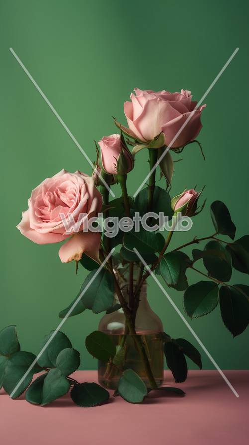 緑の背景にピンクバラを入れた花瓶の壁紙