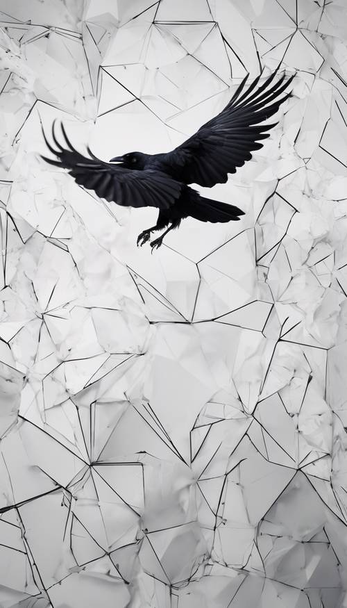 A black raven flying with an abstract white background featuring geometric shapes. Tapeta [1e3c07ae19124158a347]