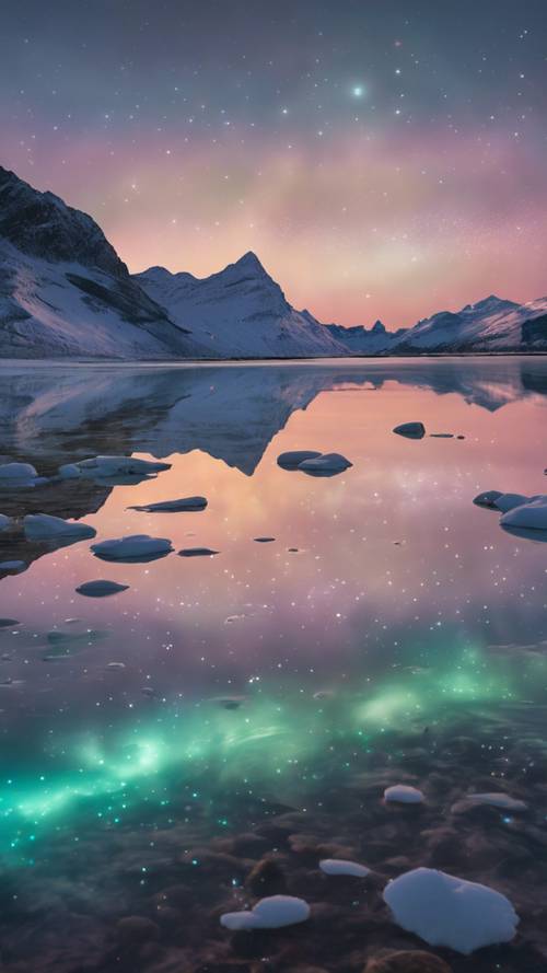 The opalescent glow of the aurora borealis reflecting on a crystal-clear mountain lake.