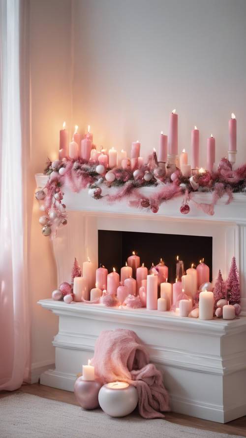 Biały kominek ozdobiony różowymi świątecznymi girlandami i świecami.