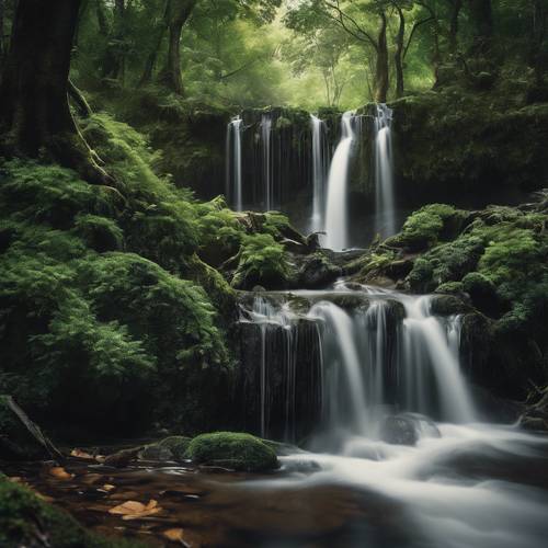 A tranquil flowing waterfall nestled in a secluded area of a dark green forest.