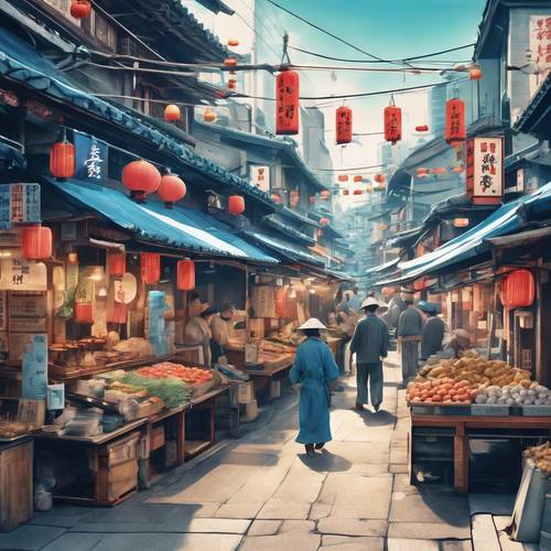 Cyfrowy obraz w stylu retro przedstawiający tętniący życiem japoński rynek z niebieską ulicą.
