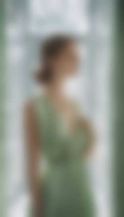 一位女子身着由浅绿色丝绸制成的优雅飘逸的连衣裙。