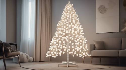 עץ חג המולד מינימליסטי המורכב מאורות לבנים בלבד וקישוטים גיאומטריים בסלון מודרני.
