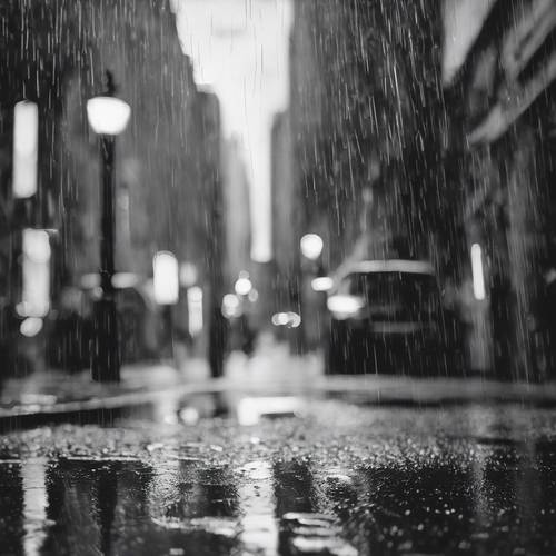 A black and white image of an urban scene reflecting in a rain-soaked street.