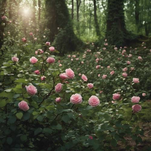 Una radura abitata da maestose piante di rose selvatiche intrecciate con l&#39;edera.