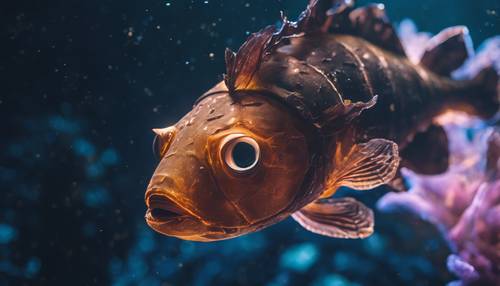 生物發光燈籠魚照亮深海黑暗深淵的大氣景觀。