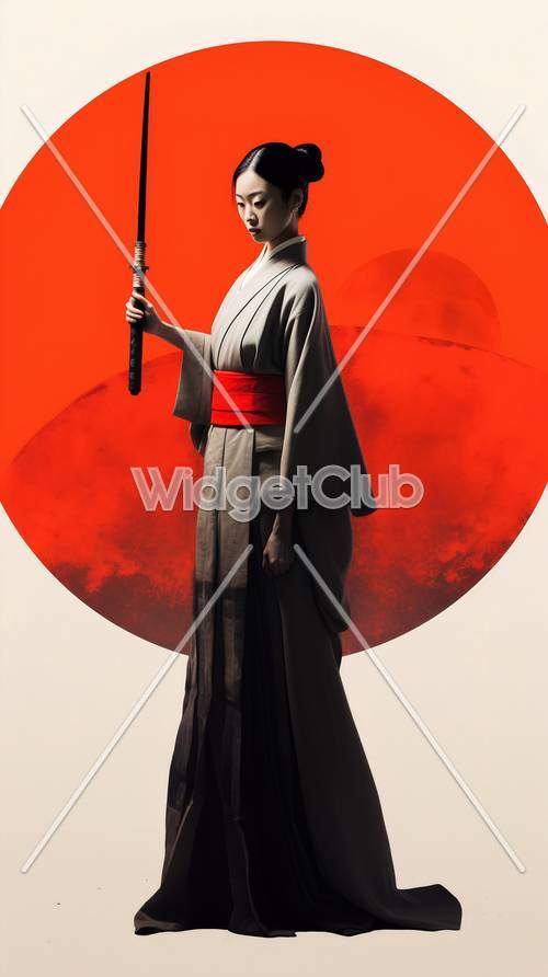 红太阳背景的日本武士