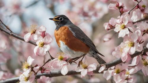 ミシガン州の州鳥、アメリカンロビンが州木の花咲くハナミズキに止まる壁紙