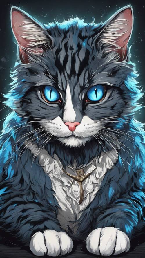 Gambar kucing bergaya anime yang mendetail, memamerkan mata birunya yang indah dan bulu hitamnya yang halus.