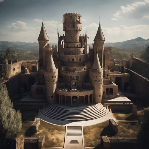 Um castelo intrincado e labiríntico que irradia sombras geométricas escuras.