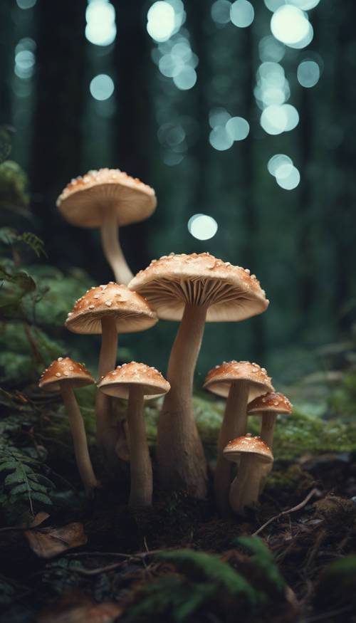 A cluster of luminescent mushrooms in an indie-stylized dark forest.