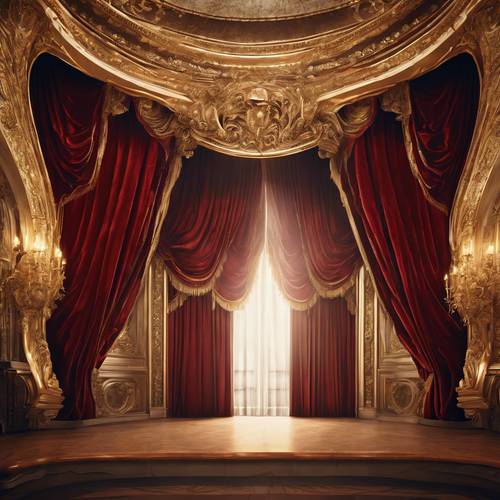 A grand, baroque style theatre interior with ornate gold trim and lush, deep red velvet curtains.