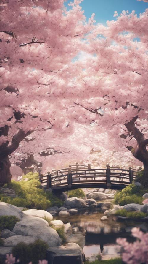 Detailed anime-inspired depiction of a tranquil Japanese garden in the full bloom of cherry blossoms.
