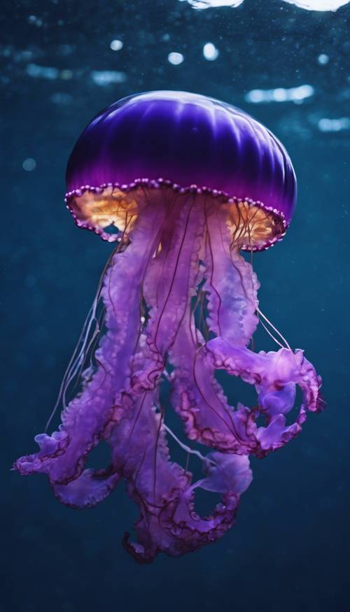 A lone majestic purple jellyfish glowing as it floats in the deep blue sea.