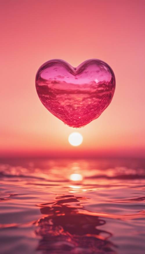 Un cuore rosa brillante che galleggia in un cielo arancione al tramonto.