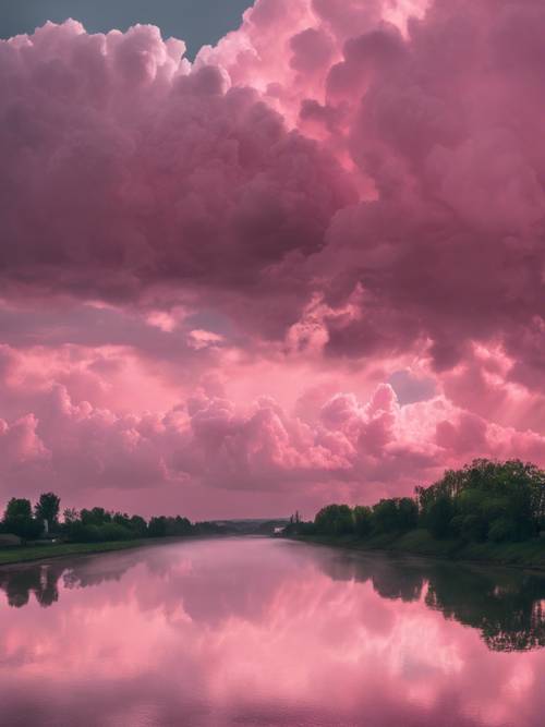 Eine Landschaft mit einem rosafarbenen, wolkenverhangenen Himmel nach einem erfrischenden Frühlingsregen.