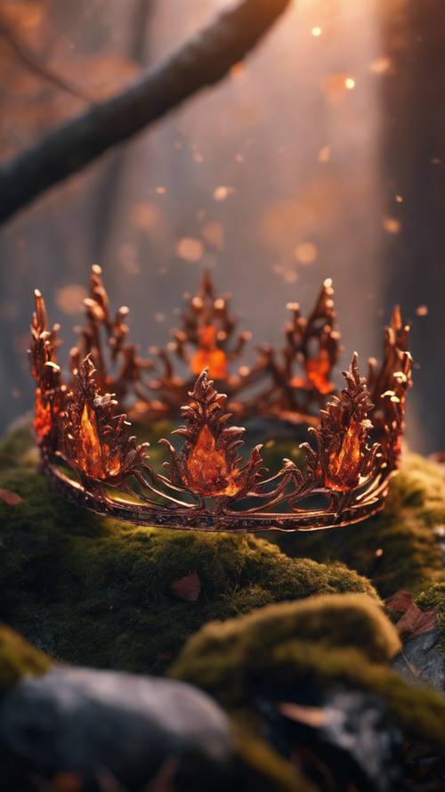 An elf prince's crown wrought from molten ember crystals in a blazing forest.