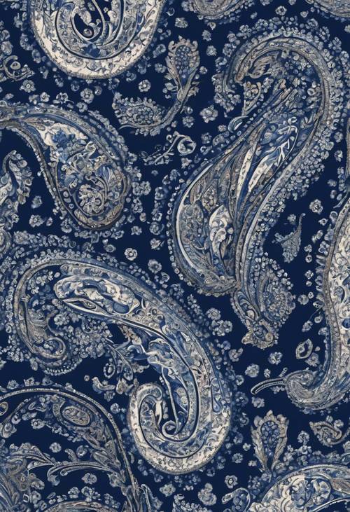 A dark blue swirling vintage paisley pattern on a cotton headscarf.