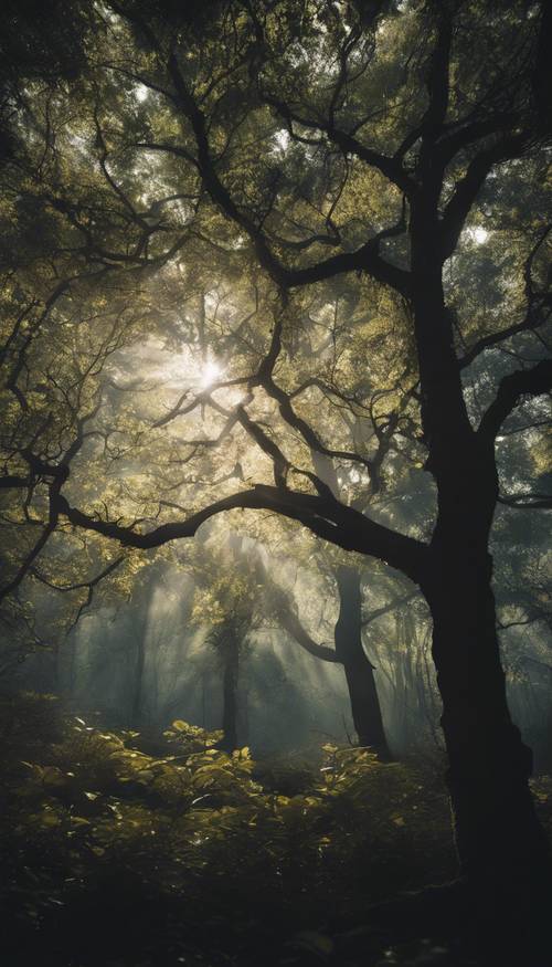 Un denso bosque con un singular árbol brillando en medio de la penumbra como símbolo de esperanza.