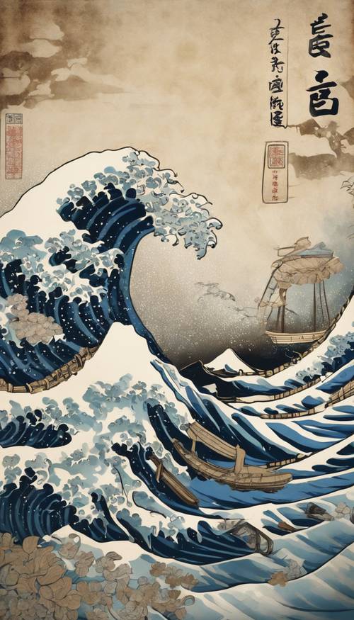 A traditional Chinese scroll painting of the Great Wave off Kanagawa