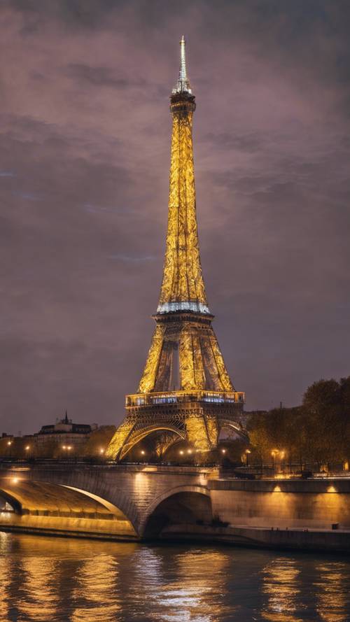 夜晚，埃菲尔铁塔灯火通明，映衬着巴黎的天际线，倒映在塞纳河平静的水面上。