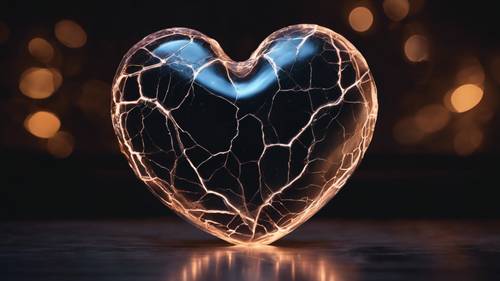 A glowing heart-shaped object with large noticeable cracks on a dark background.