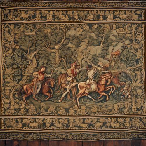 Fragment d&#39;une tapisserie damassée vintage représentant une scène de chasse médiévale.