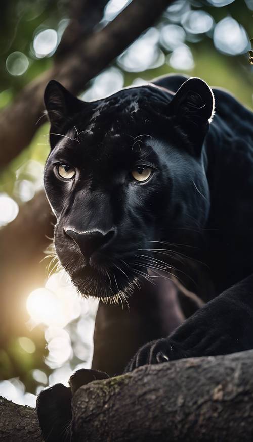 月光下，一隻神祕的黑豹高高地棲息在叢林深處的樹上。