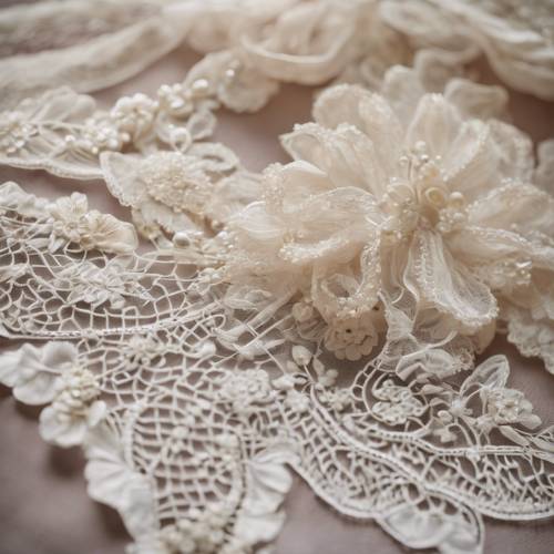 Viktorya döneminden kalma bir gelin elbisesinden alınan vintage çiçekli dantellerin yakından görünümü.