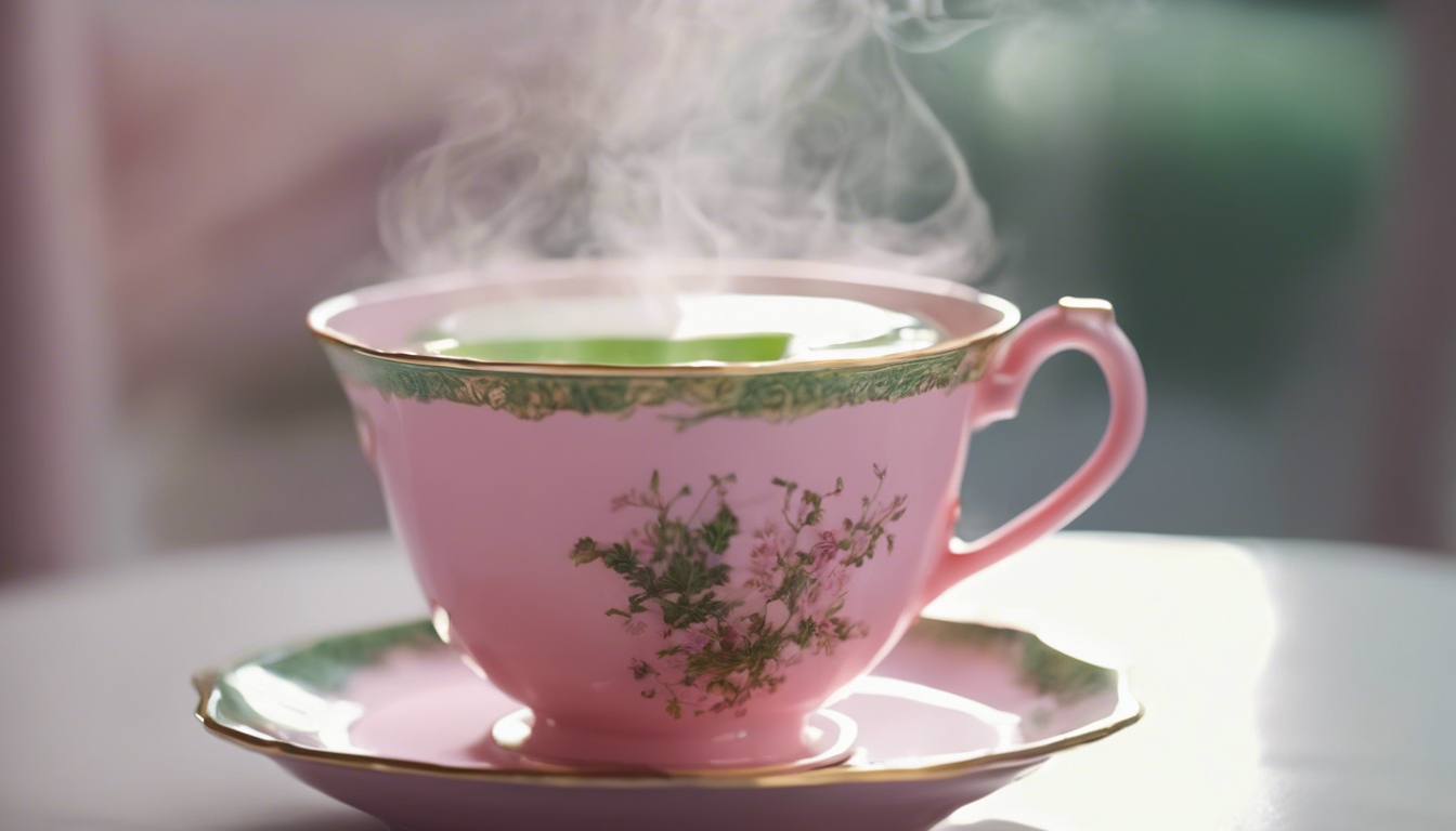 A pink teacup filled with steaming green tea located on a white table.壁紙[0f29ca4833a44ed6aed5]