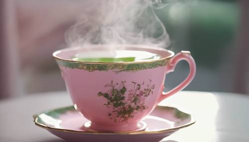 Una taza de té rosa llena de té verde humeante ubicada sobre una mesa blanca.