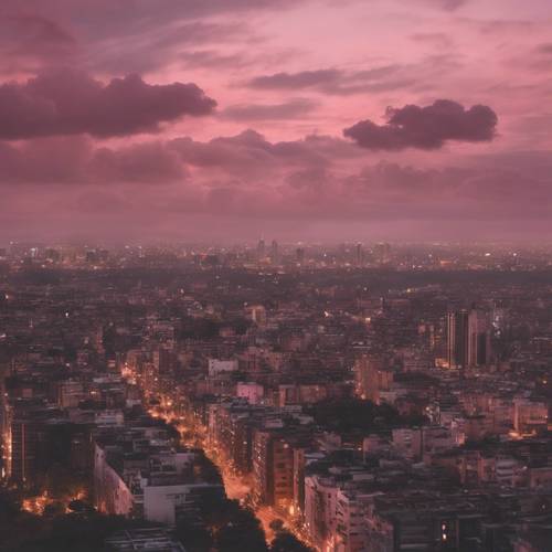 迷人的城市天际线空中景观，笼罩在昏暗的粉色晚霞之中。
