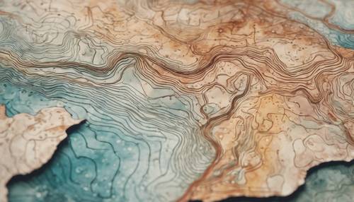 Pola abstrak yang menampilkan interpretasi peta topografi menggunakan cat air.