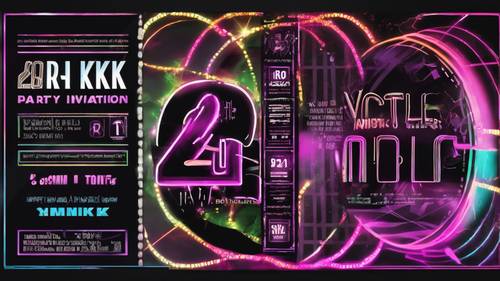 Undangan pesta Y2K berwarna hitam dengan desain digital neon retro yang funky.