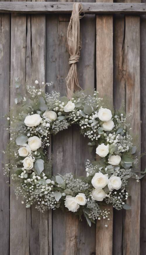 A gray and white floral wreath hanging on a rustic barn door.