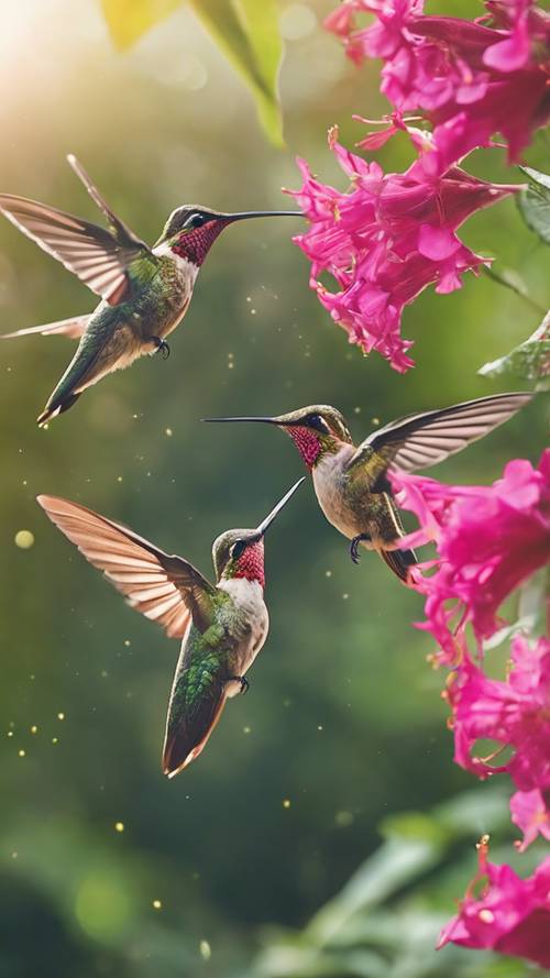A family of hummingbirds tending to their nest in the shade of a vibrant, blooming flower.
