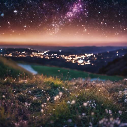 Blick von einem grasbewachsenen Hügel auf eine leuchtende Galaxie, die sich über den Nachthimmel erstreckt.