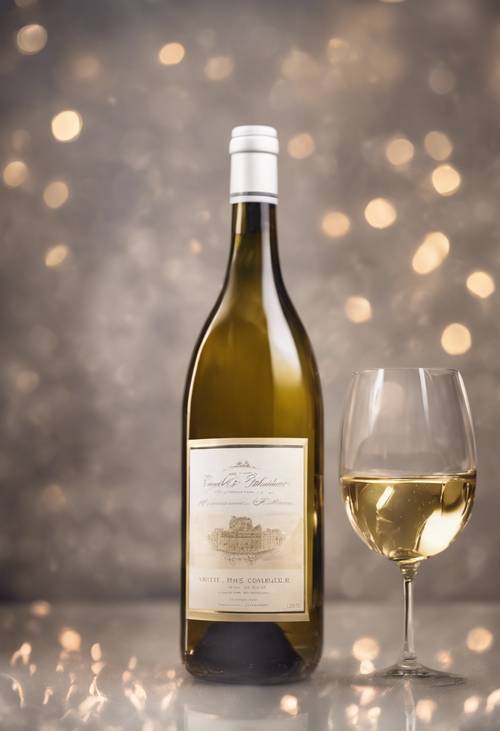 A bottle of vintage white wine with a metallic label under soft, warm lighting.
