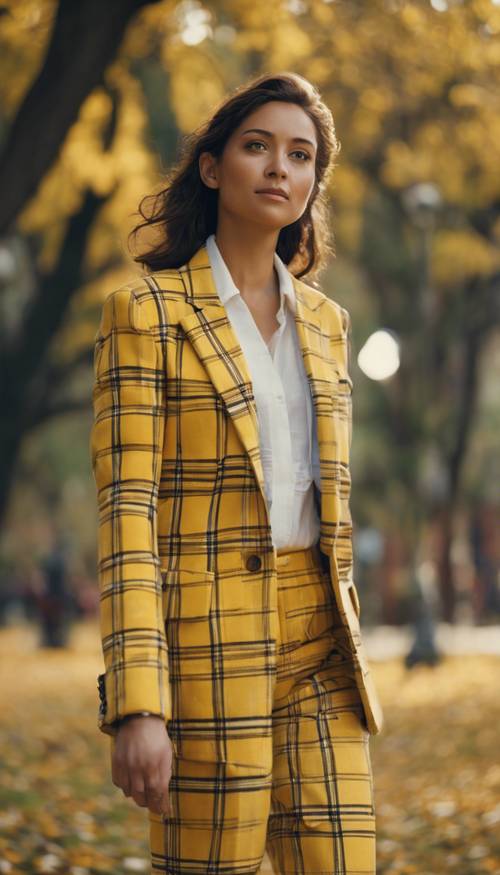 Uma jovem com um elegante blazer xadrez amarelo caminhando com confiança por um parque.
