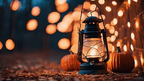 Uma lanterna lançando um brilho quente sobre as abóboras em uma noite fria de outono.